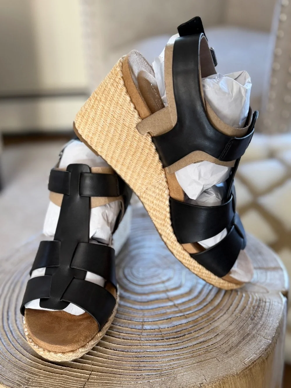 NWT Rockport Belle Sandal Wedge Heel Leather Black Adjustable Strap Woven Sz 9